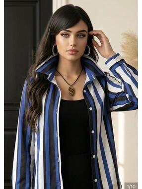Alba Women's XL Striped Button-Up Shirt Blue White Black Long Sleeve Collared
